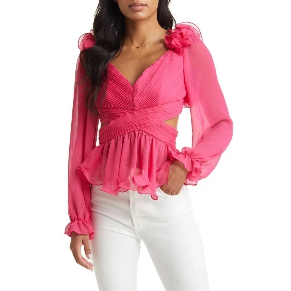 NEW VICI COLLECTION Cutout Chiffon Peplum Blouse Pink Size XS - Picture 2 of 11